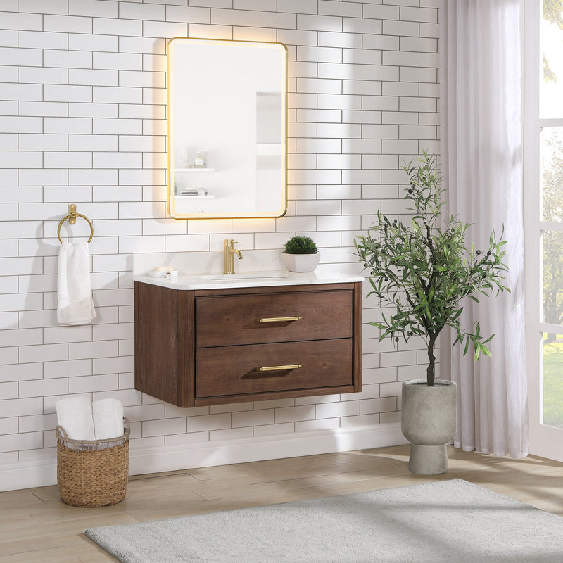 Vinnova 706636-AD-BK Cristo 36" Floating Single Bath Vanity in Aged Dark Brown Oak with Fish Maw White Quartz Stone Top