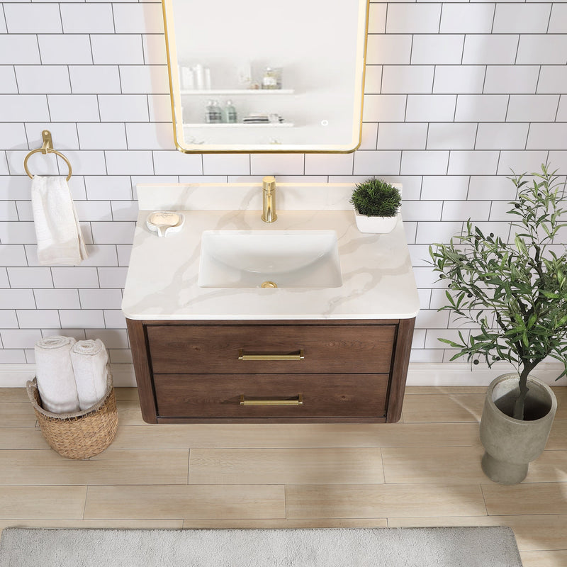 Vinnova 706636-AD-BK Cristo 36" Floating Single Bath Vanity in Aged Dark Brown Oak with Fish Maw White Quartz Stone Top