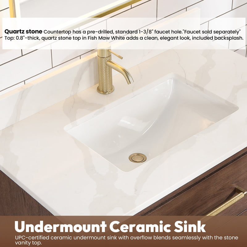 Vinnova 706636-AD-BK Cristo 36" Floating Single Bath Vanity in Aged Dark Brown Oak with Fish Maw White Quartz Stone Top