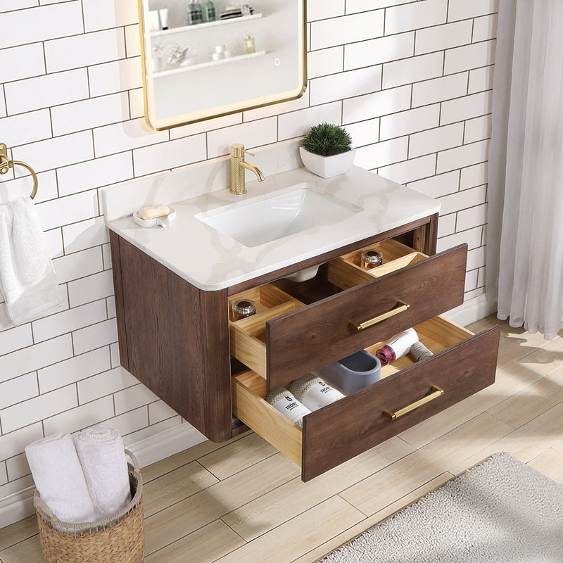 Vinnova 706636-AD-BK Cristo 36" Floating Single Bath Vanity in Aged Dark Brown Oak with Fish Maw White Quartz Stone Top