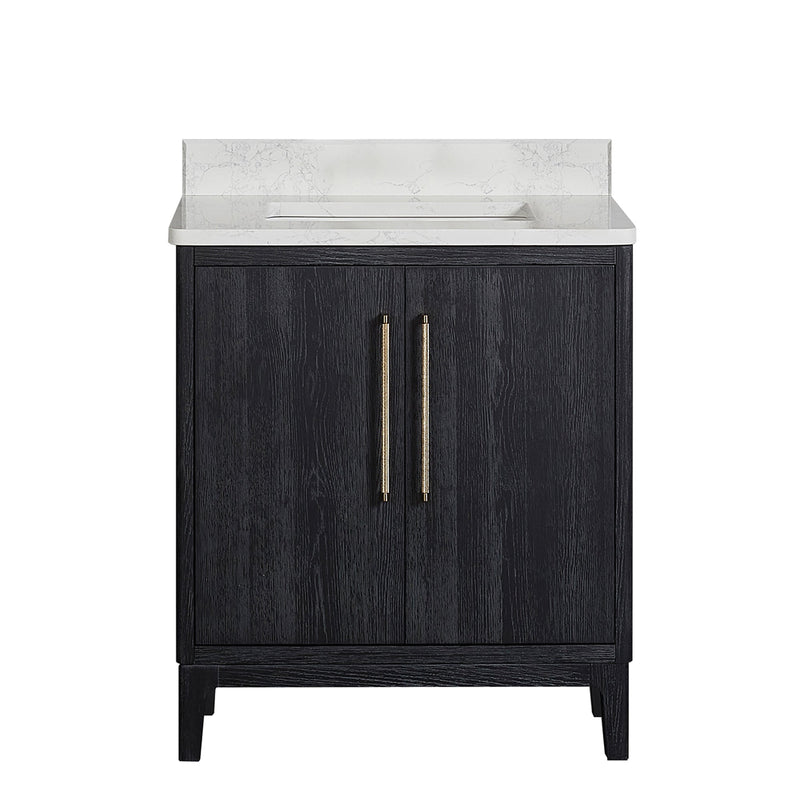 Vinnova 706730-FB-GW Gara 30" Free-standing Single Bath Vanity in Fir Wood Black with White Grain Composite Stone Top
