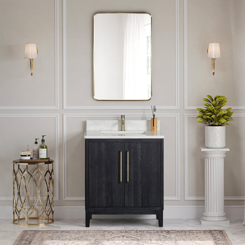 Vinnova 706730-FB-GW Gara 30" Free-standing Single Bath Vanity in Fir Wood Black with White Grain Composite Stone Top