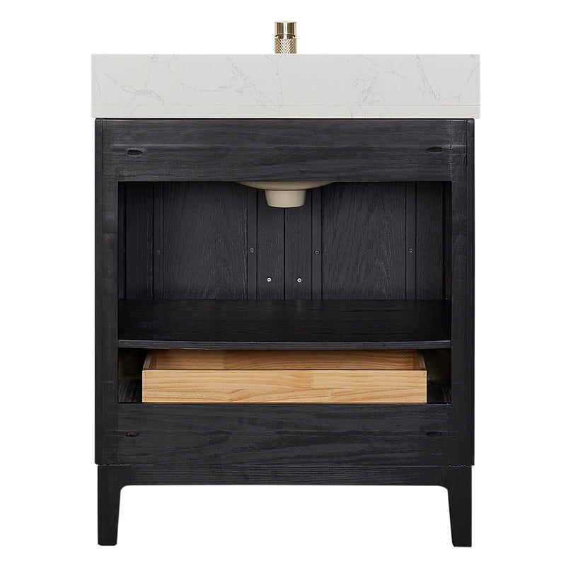 Vinnova 706730-FB-GW Gara 30" Free-standing Single Bath Vanity in Fir Wood Black with White Grain Composite Stone Top
