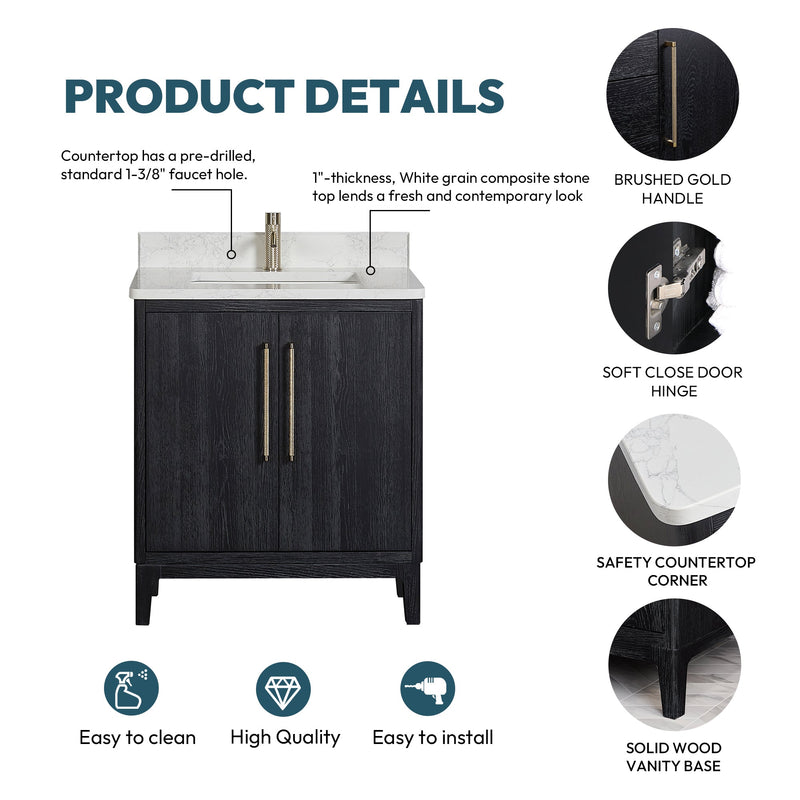Vinnova 706730-FB-GW Gara 30" Free-standing Single Bath Vanity in Fir Wood Black with White Grain Composite Stone Top