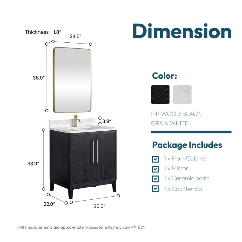Vinnova 706730-FB-GW Gara 30" Free-standing Single Bath Vanity in Fir Wood Black with White Grain Composite Stone Top