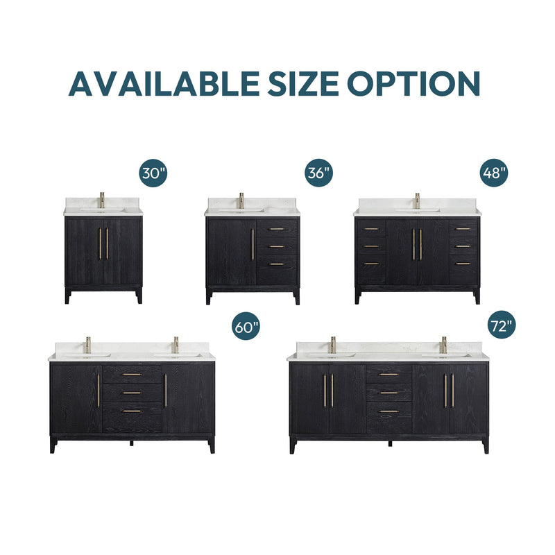 Vinnova 706730-FB-GW Gara 30" Free-standing Single Bath Vanity in Fir Wood Black with White Grain Composite Stone Top