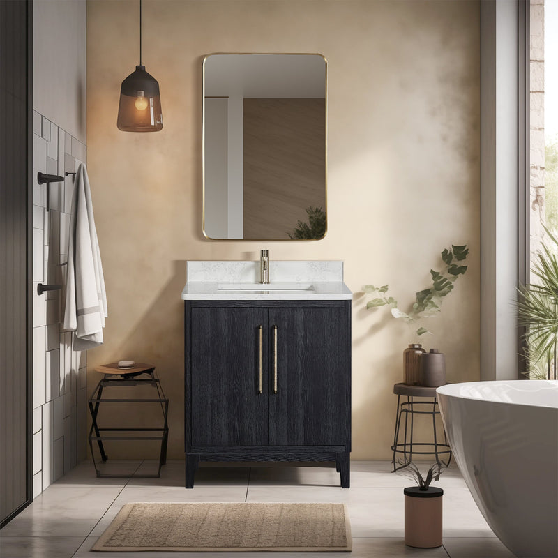 Vinnova 706730-FB-GW Gara 30" Free-standing Single Bath Vanity in Fir Wood Black with White Grain Composite Stone Top