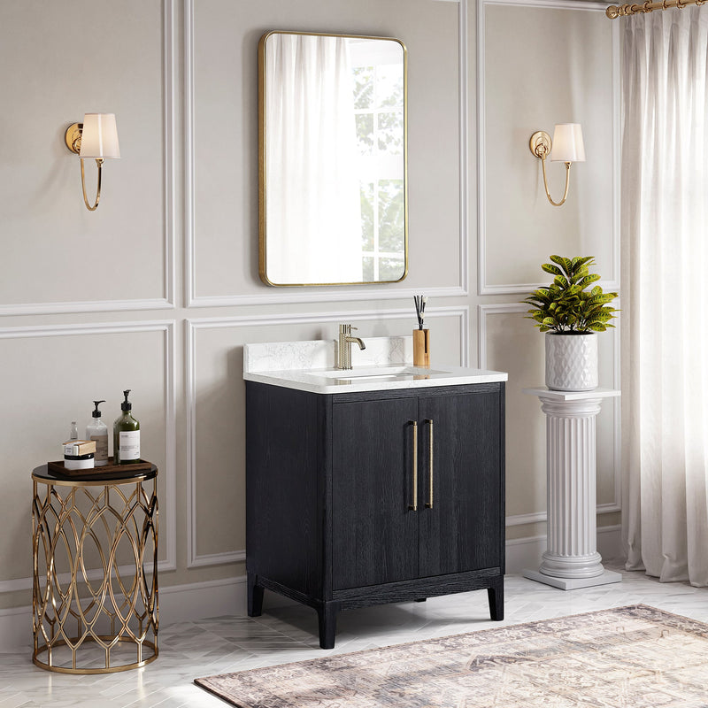Vinnova 706730-FB-GW Gara 30" Free-standing Single Bath Vanity in Fir Wood Black with White Grain Composite Stone Top