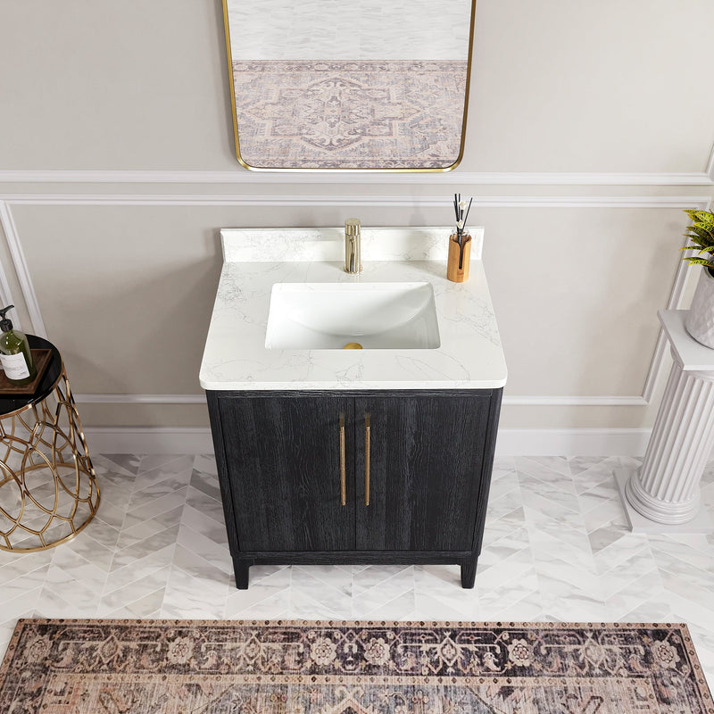 Vinnova 706730-FB-GW Gara 30" Free-standing Single Bath Vanity in Fir Wood Black with White Grain Composite Stone Top