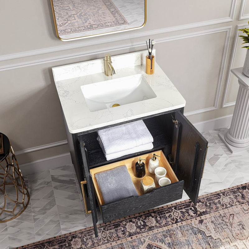 Vinnova 706730-FB-GW Gara 30" Free-standing Single Bath Vanity in Fir Wood Black with White Grain Composite Stone Top