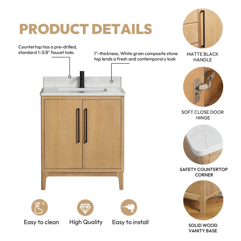 Vinnova 706730-WA-GW Gara 30" Free-standing Single Bath Vanity in Washed Ash Grey with White Grain Composite Stone Top