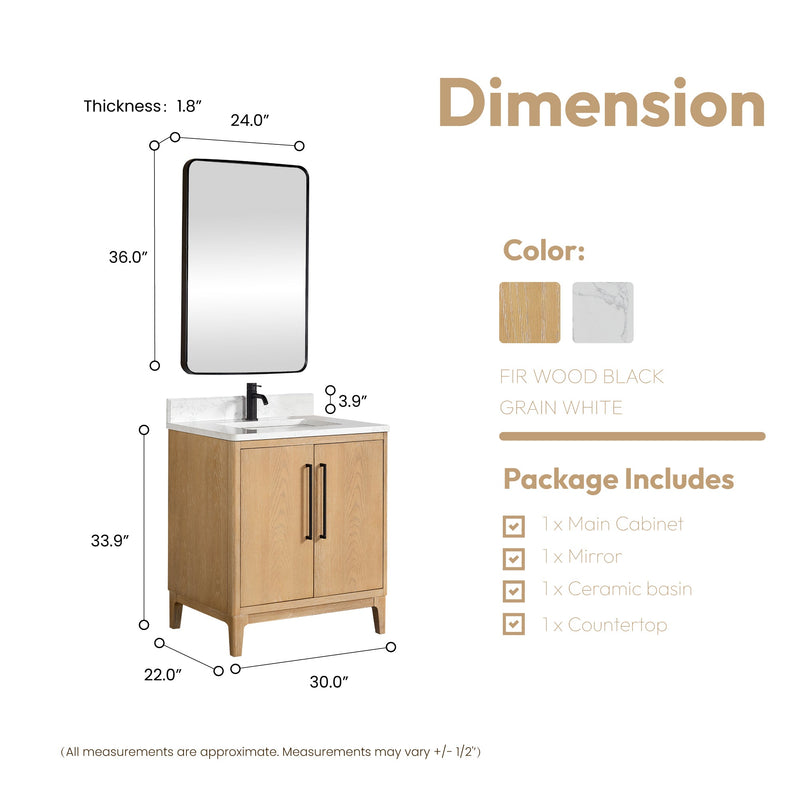 Vinnova 706730-WA-GW Gara 30" Free-standing Single Bath Vanity in Washed Ash Grey with White Grain Composite Stone Top