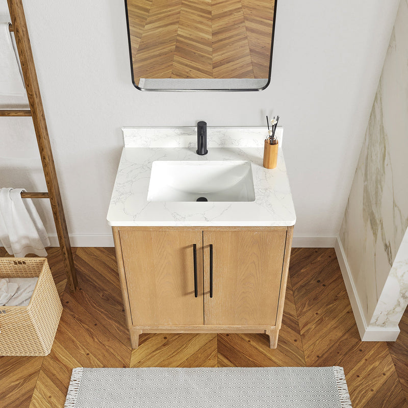 Vinnova 706730-WA-GW Gara 30" Free-standing Single Bath Vanity in Washed Ash Grey with White Grain Composite Stone Top