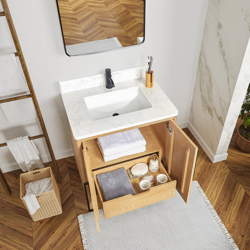 Vinnova 706730-WA-GW Gara 30" Free-standing Single Bath Vanity in Washed Ash Grey with White Grain Composite Stone Top