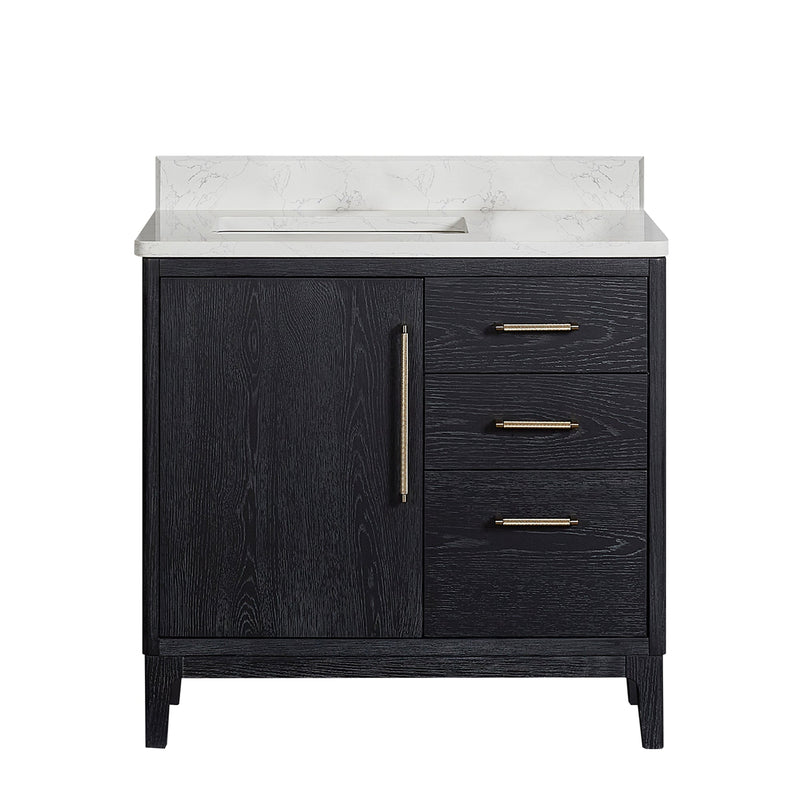 Vinnova 706736-FB-GW Gara 36" Free-standing Single Bath Vanity in Fir Wood Black with White Grain Composite Stone Top