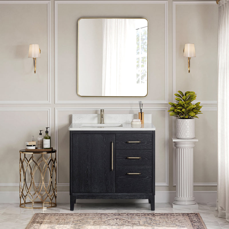 Vinnova 706736-FB-GW Gara 36" Free-standing Single Bath Vanity in Fir Wood Black with White Grain Composite Stone Top