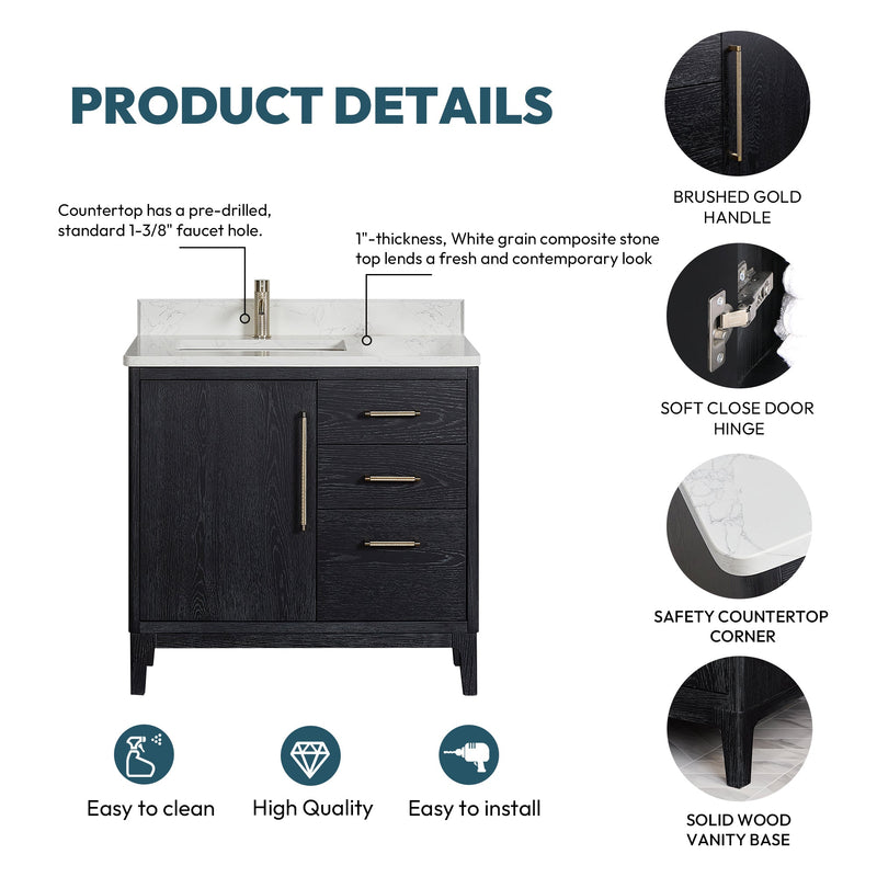 Vinnova 706736-FB-GW Gara 36" Free-standing Single Bath Vanity in Fir Wood Black with White Grain Composite Stone Top