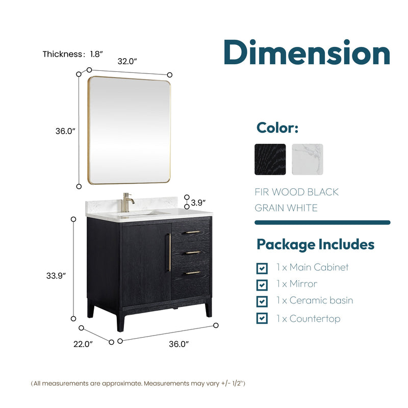 Vinnova 706736-FB-GW Gara 36" Free-standing Single Bath Vanity in Fir Wood Black with White Grain Composite Stone Top