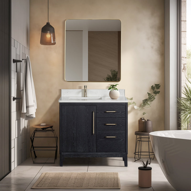 Vinnova 706736-FB-GW Gara 36" Free-standing Single Bath Vanity in Fir Wood Black with White Grain Composite Stone Top