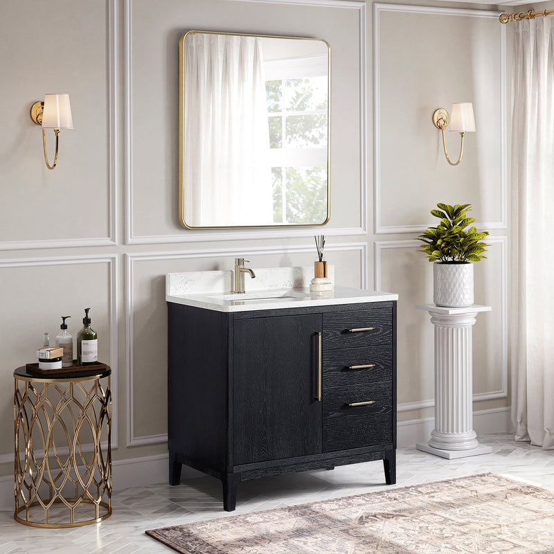 Vinnova 706736-FB-GW Gara 36" Free-standing Single Bath Vanity in Fir Wood Black with White Grain Composite Stone Top