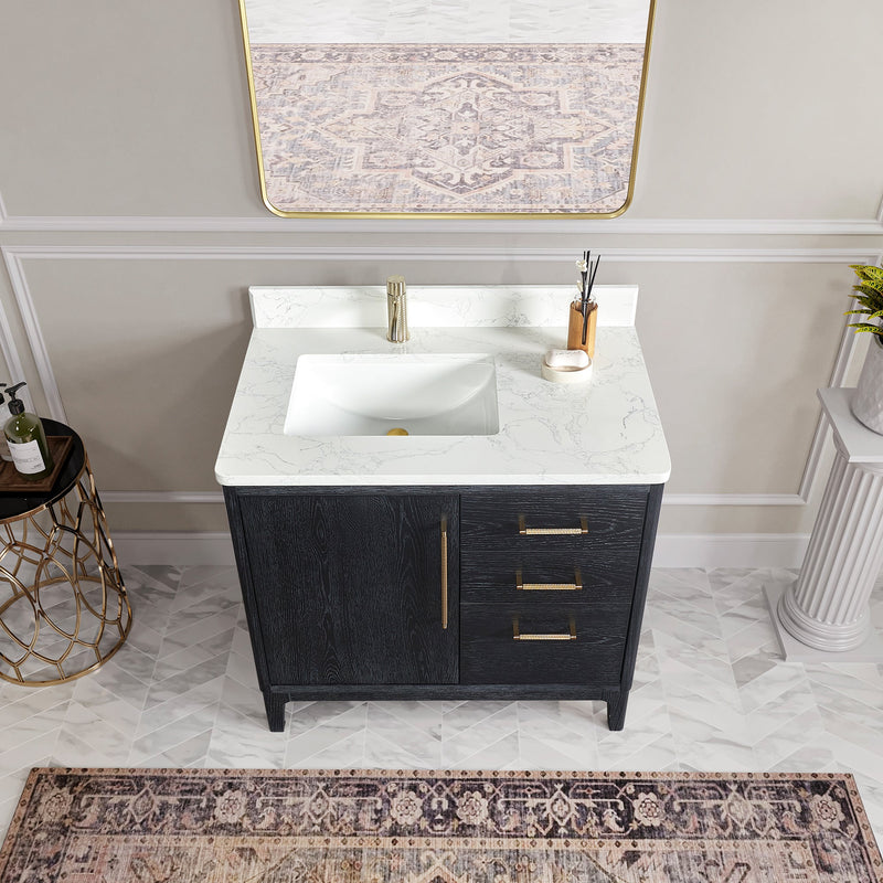 Vinnova 706736-FB-GW Gara 36" Free-standing Single Bath Vanity in Fir Wood Black with White Grain Composite Stone Top