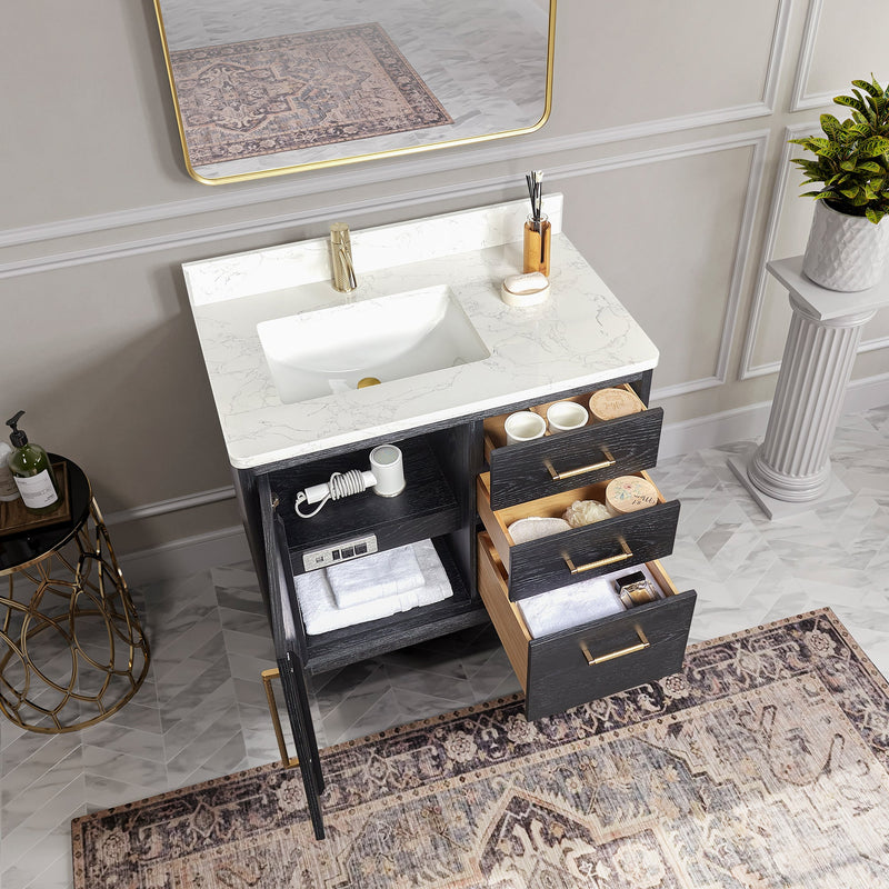 Vinnova 706736-FB-GW Gara 36" Free-standing Single Bath Vanity in Fir Wood Black with White Grain Composite Stone Top
