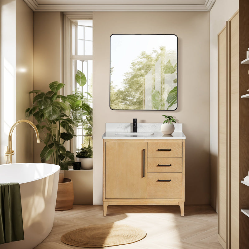 Vinnova 706736-WA-GW Gara 36" Free-standing Single Bath Vanity in Washed Ash Grey with White Grain Composite Stone Top