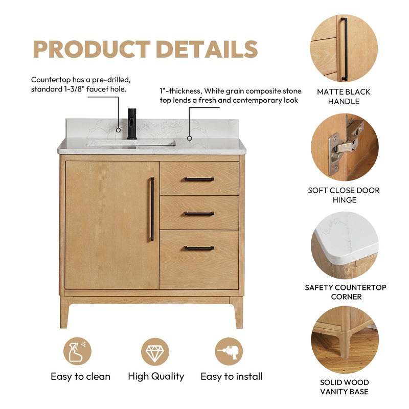 Vinnova 706736-WA-GW Gara 36" Free-standing Single Bath Vanity in Washed Ash Grey with White Grain Composite Stone Top