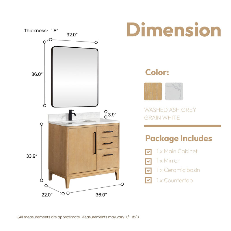 Vinnova 706736-WA-GW Gara 36" Free-standing Single Bath Vanity in Washed Ash Grey with White Grain Composite Stone Top