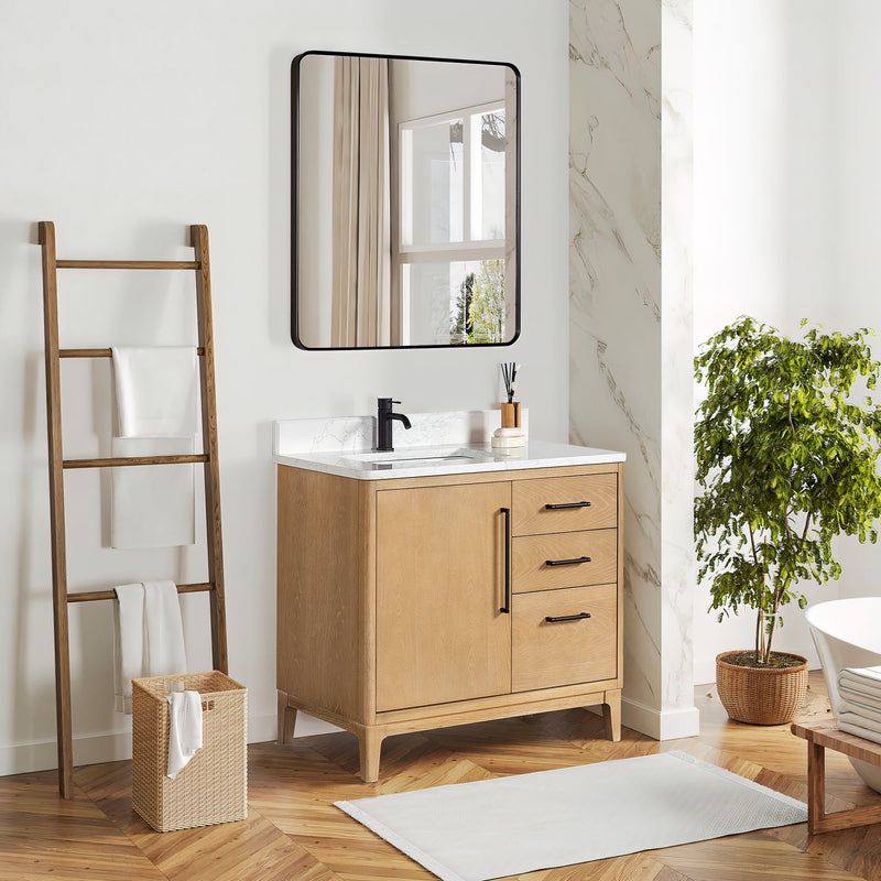 Vinnova 706736-WA-GW Gara 36" Free-standing Single Bath Vanity in Washed Ash Grey with White Grain Composite Stone Top