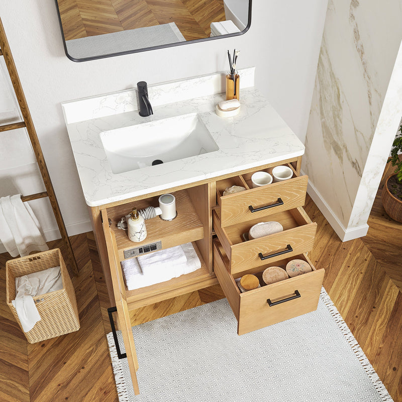 Vinnova 706736-WA-GW Gara 36" Free-standing Single Bath Vanity in Washed Ash Grey with White Grain Composite Stone Top