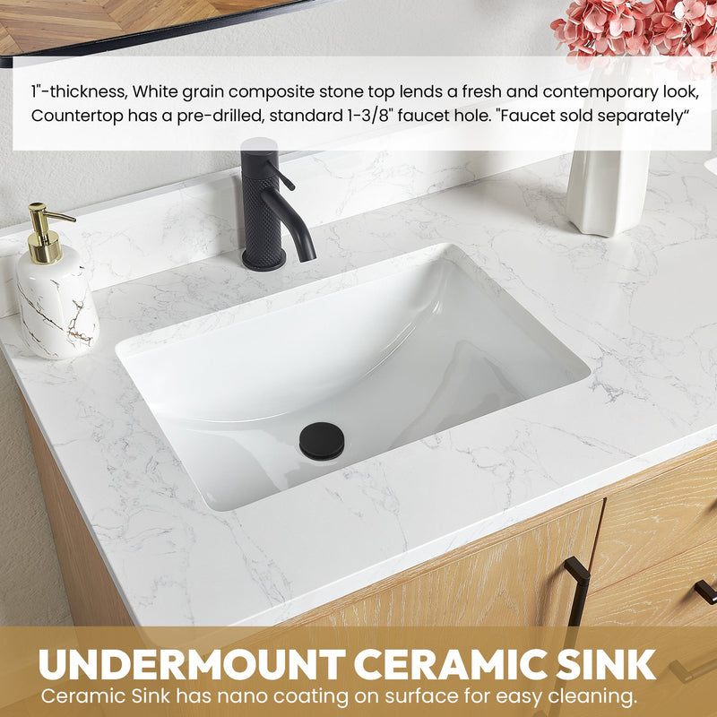 Vinnova 706736-WA-GW Gara 36" Free-standing Single Bath Vanity in Washed Ash Grey with White Grain Composite Stone Top