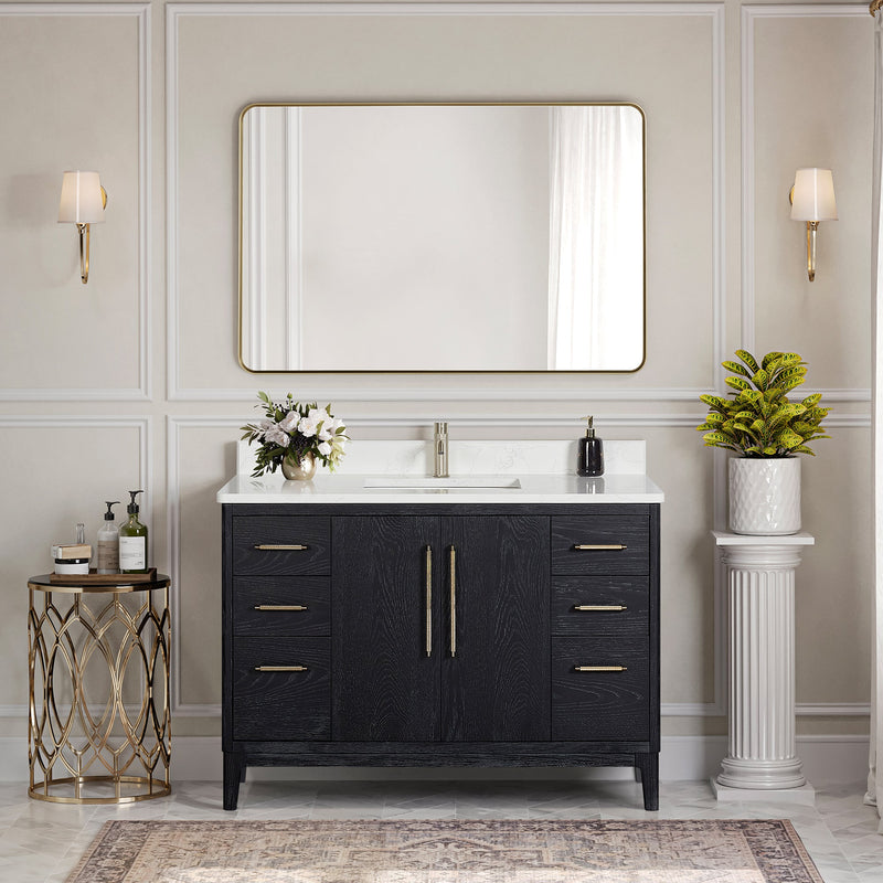 Vinnova 706748-FB-GW Gara 48" Free-standing Single Bath Vanity in Fir Wood Black with White Grain Composite Stone Top