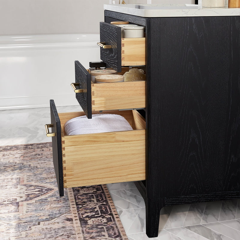 Vinnova 706748-FB-GW Gara 48" Free-standing Single Bath Vanity in Fir Wood Black with White Grain Composite Stone Top