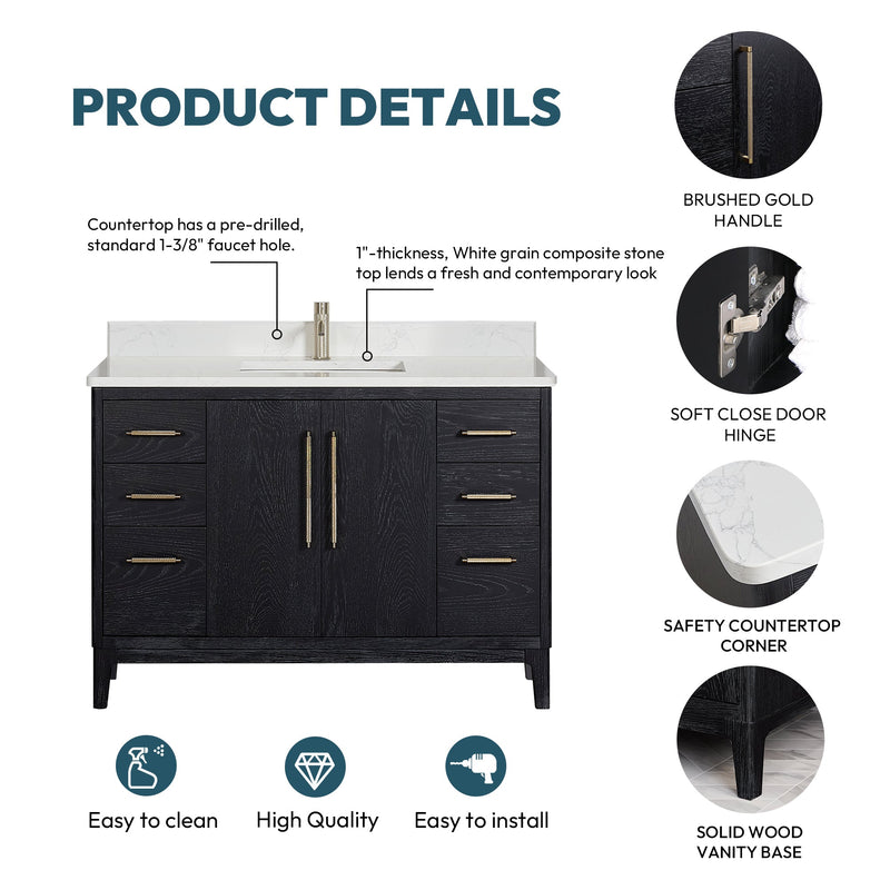 Vinnova 706748-FB-GW Gara 48" Free-standing Single Bath Vanity in Fir Wood Black with White Grain Composite Stone Top