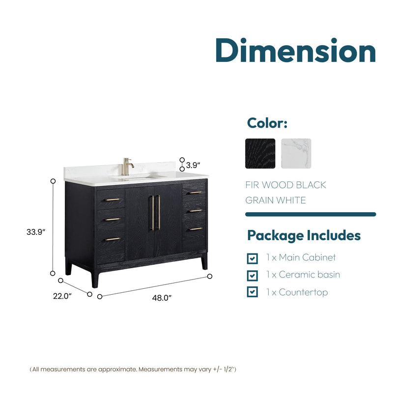 Vinnova 706748-FB-GW Gara 48" Free-standing Single Bath Vanity in Fir Wood Black with White Grain Composite Stone Top