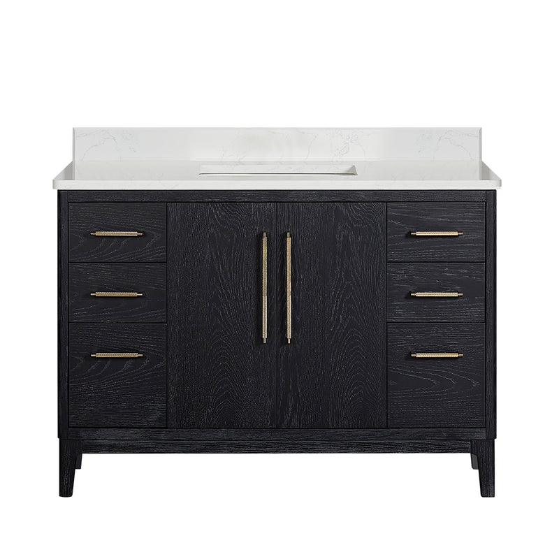 Vinnova 706748-FB-GW Gara 48" Free-standing Single Bath Vanity in Fir Wood Black with White Grain Composite Stone Top