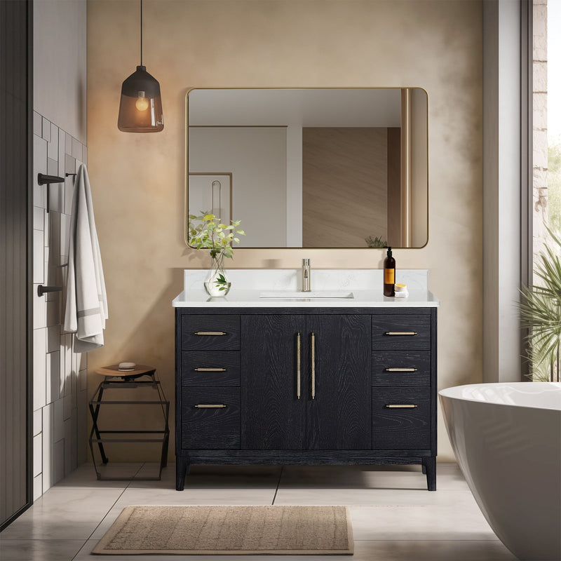 Vinnova 706748-FB-GW Gara 48" Free-standing Single Bath Vanity in Fir Wood Black with White Grain Composite Stone Top
