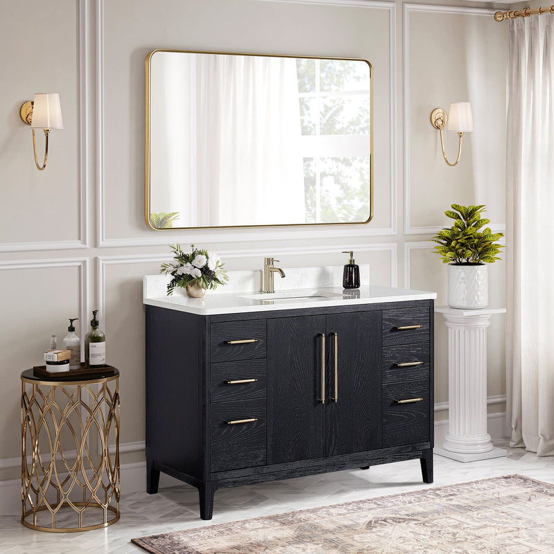 Vinnova 706748-FB-GW Gara 48" Free-standing Single Bath Vanity in Fir Wood Black with White Grain Composite Stone Top