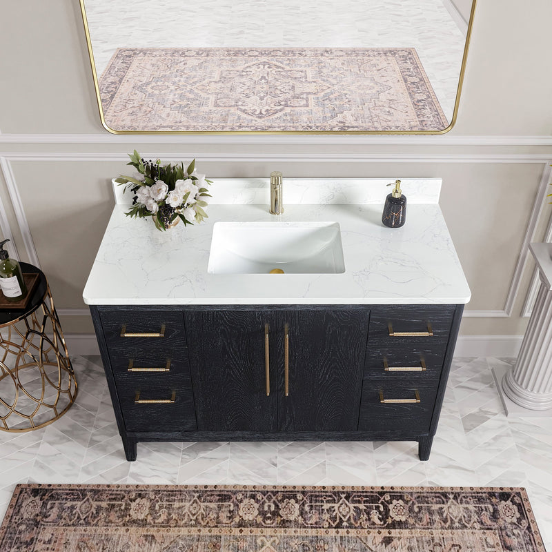 Vinnova 706748-FB-GW Gara 48" Free-standing Single Bath Vanity in Fir Wood Black with White Grain Composite Stone Top
