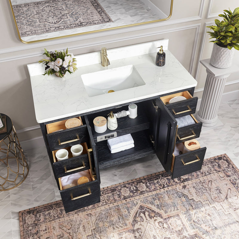 Vinnova 706748-FB-GW Gara 48" Free-standing Single Bath Vanity in Fir Wood Black with White Grain Composite Stone Top
