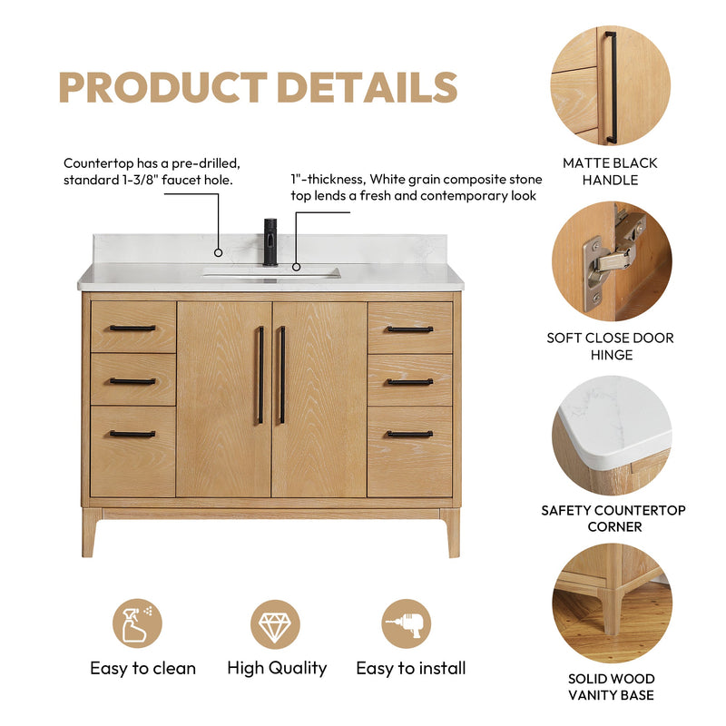 Vinnova 706748-WA-GW Gara 48" Free-standing Single Bath Vanity in Washed Ash Grey with White Grain Composite Stone Top