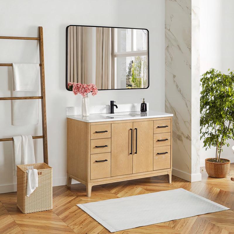 Vinnova 706748-WA-GW Gara 48" Free-standing Single Bath Vanity in Washed Ash Grey with White Grain Composite Stone Top