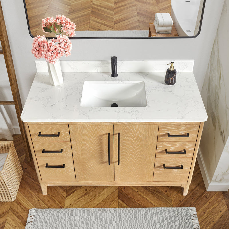 Vinnova 706748-WA-GW Gara 48" Free-standing Single Bath Vanity in Washed Ash Grey with White Grain Composite Stone Top