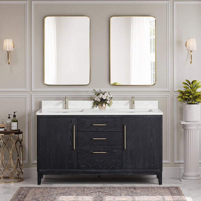Vinnova 706760M-FB-GW Gara 60M" Free-standing Double Bath Vanity in Fir Wood Black with White Grain Composite Stone Top