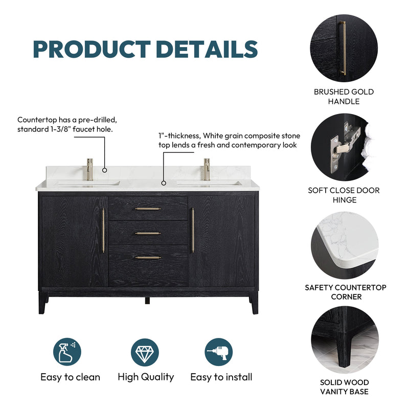 Vinnova 706760M-FB-GW Gara 60M" Free-standing Double Bath Vanity in Fir Wood Black with White Grain Composite Stone Top