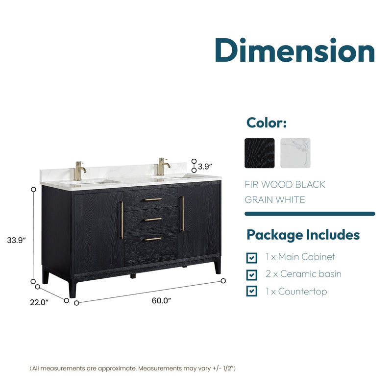 Vinnova 706760M-FB-GW Gara 60M" Free-standing Double Bath Vanity in Fir Wood Black with White Grain Composite Stone Top