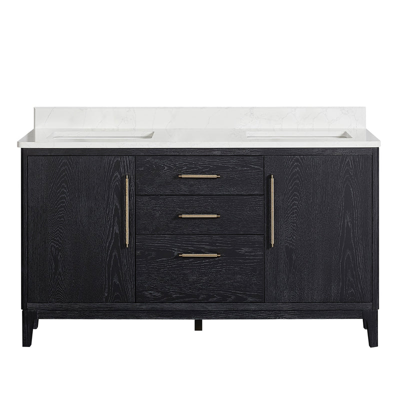 Vinnova 706760M-FB-GW Gara 60M" Free-standing Double Bath Vanity in Fir Wood Black with White Grain Composite Stone Top
