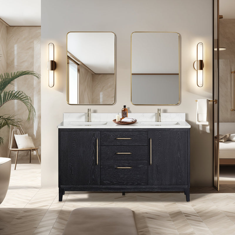 Vinnova 706760M-FB-GW Gara 60M" Free-standing Double Bath Vanity in Fir Wood Black with White Grain Composite Stone Top