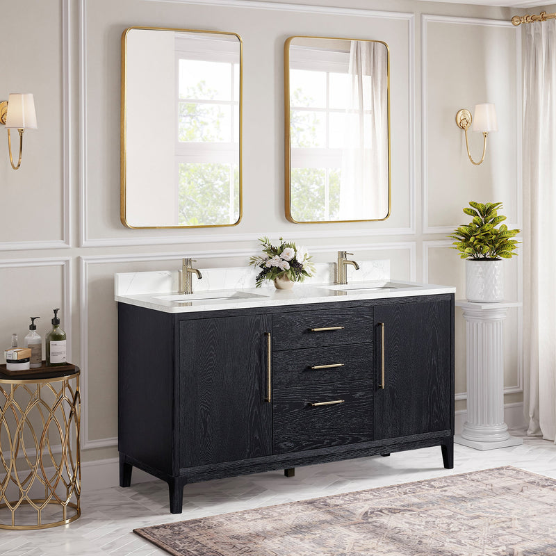 Vinnova 706760M-FB-GW Gara 60M" Free-standing Double Bath Vanity in Fir Wood Black with White Grain Composite Stone Top